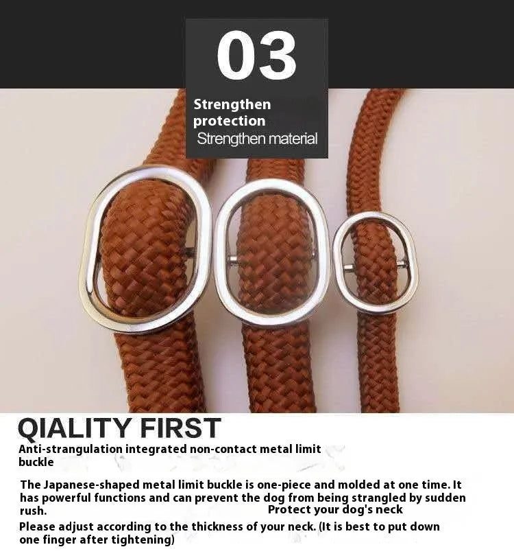 Brown nylon P chain dog leash with hand-holding rope, shown at full 2.1m length.