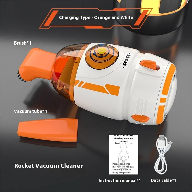 USB charging handheld desktop vacuum cleaner in multiple colour options including blue, orange, and grey white designs