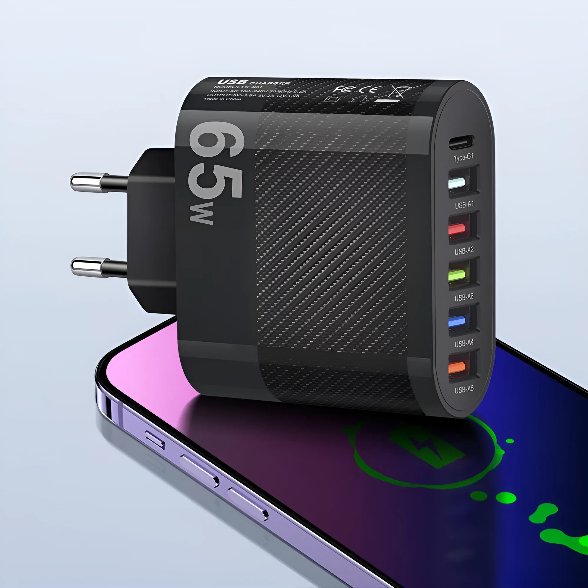 White USB charging plug showing EU, UK and US electrical outlet configurations