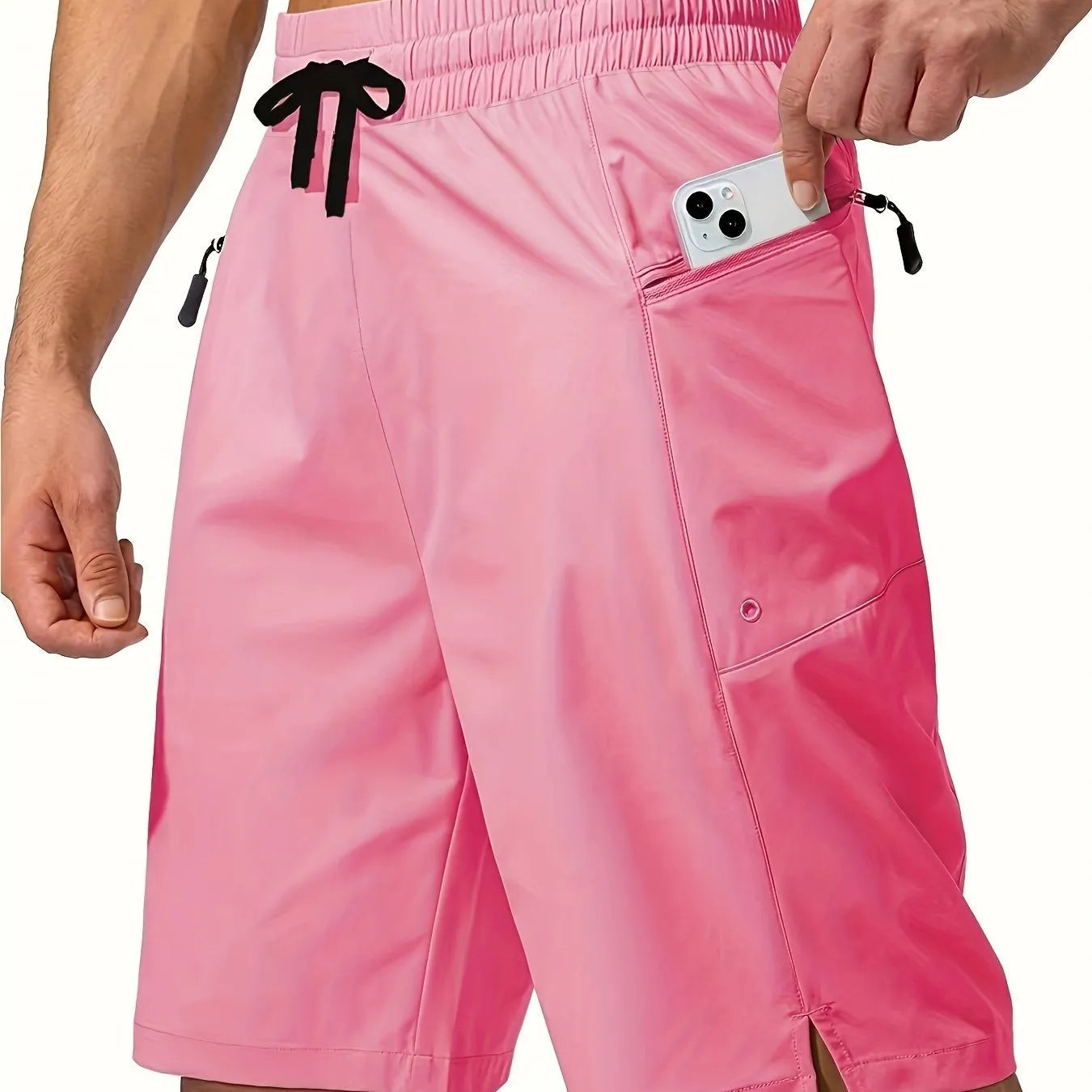 Men's solid colour quick-drying polyester beach shorts in straight leg cut