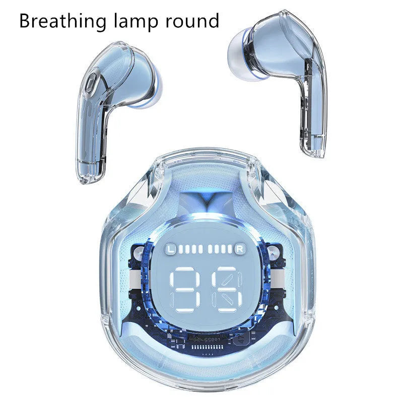 Transparent wireless Bluetooth headset with in-ear design in white, black, pink, sky blue or violet colours