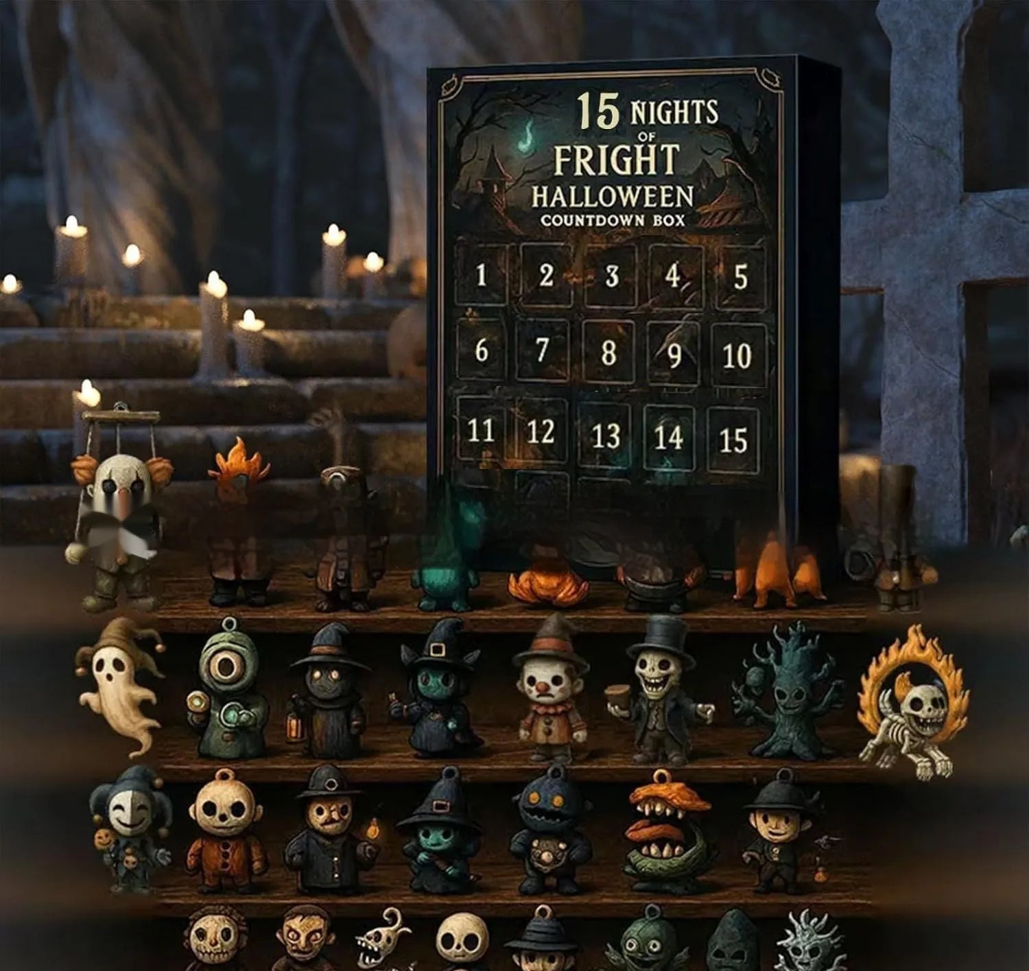Halloween horror doll advent calendar countdown box in plastic and resin.