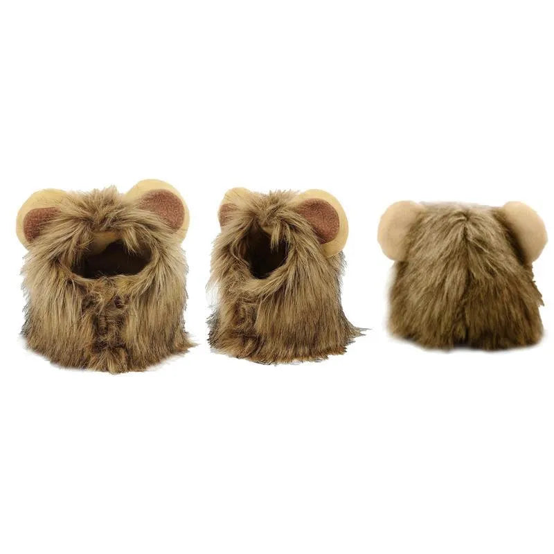 A grey cat wearing a brown lion mane wig with plush ears, showing the adjustable elastic band.
