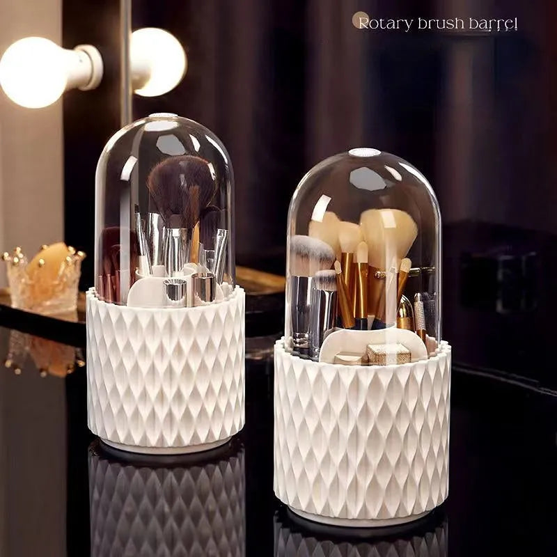 White rotating transparent acrylic makeup brush storage holder with dustproof lid on desktop