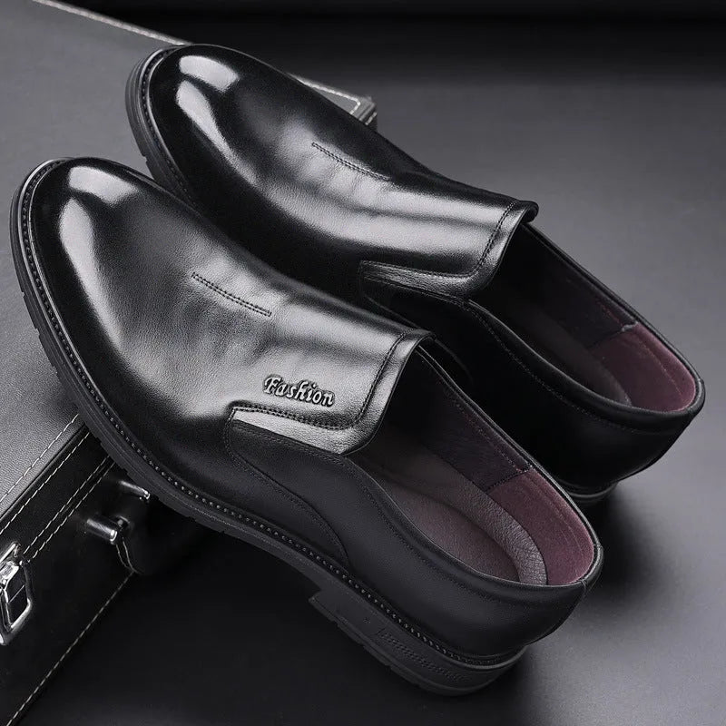Men's black cowhide formal leather shoes with rubber sole and low upper, side view