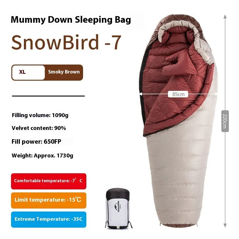 Goose down mummy sleeping bag for adults in Snowbird colour with storage bag