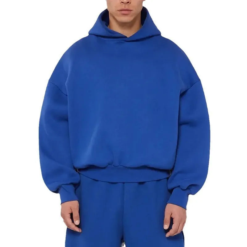 Men's solid colour fleece-lined hoodie sweater with wool lining, shown in black, blue, gray, and red.