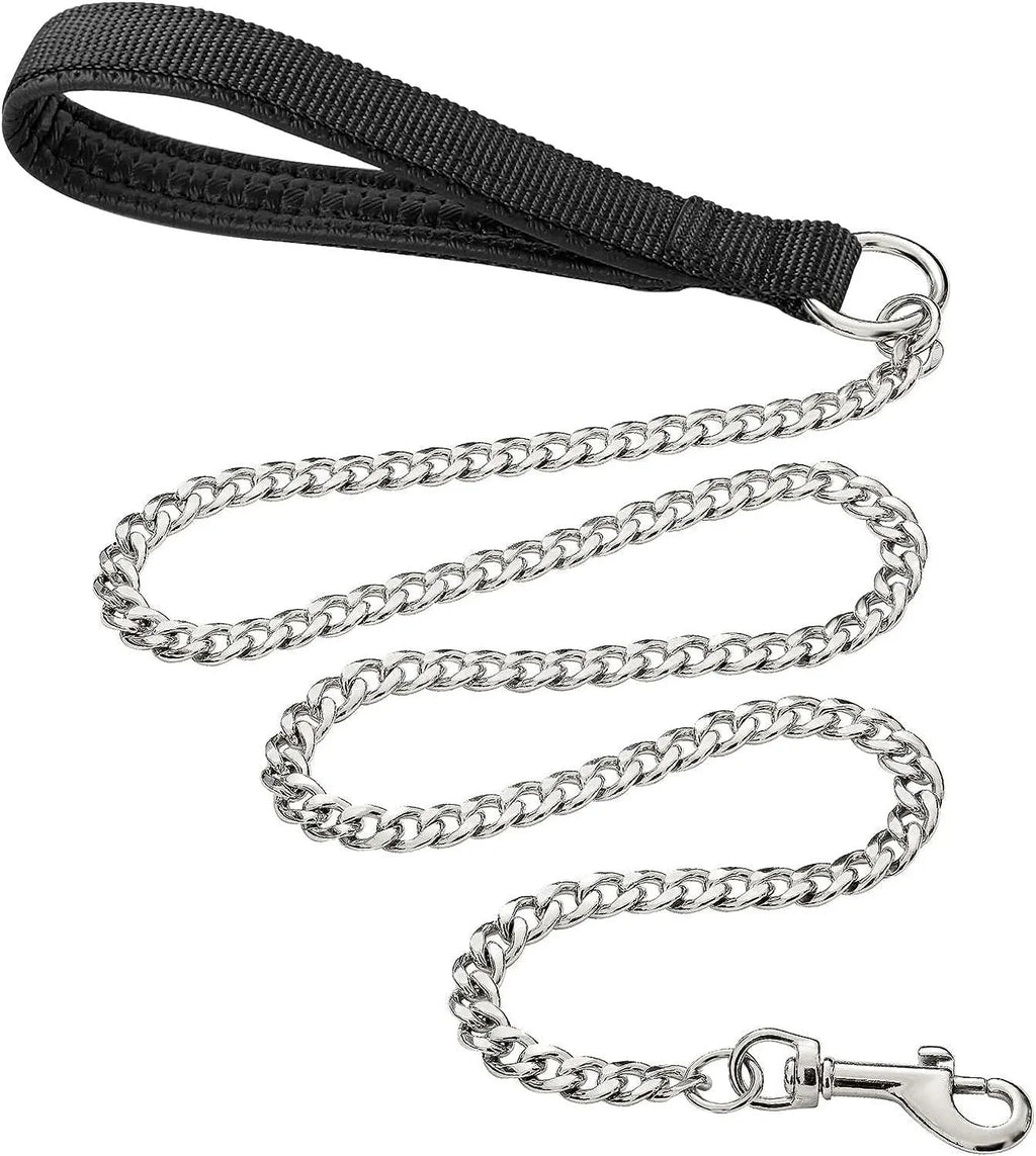 Heavy duty metal dog leash with soft padded handle and chew-proof chain in black, blue, or red.