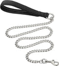 Heavy duty metal dog leash with soft padded handle and chew-proof chain in black, blue, or red.