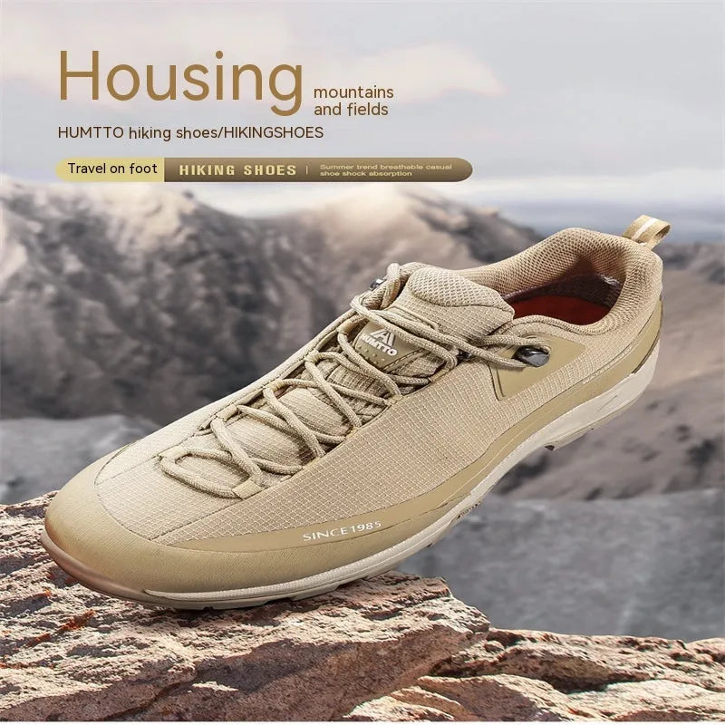 Low-top hiking boots in various colours with non-slip rubber soles and leather mesh upper