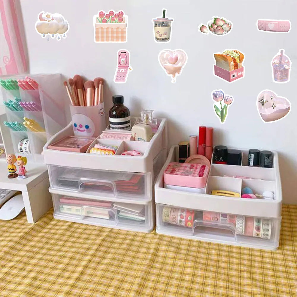 Pink girl heart decorative stickers with realistic 3D appearance in cute style, 63 pieces per pack