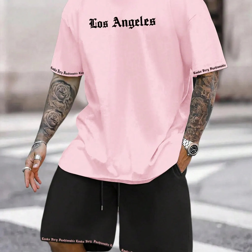 Men's printed polyester blend short sleeve top and matching shorts casual sports set
