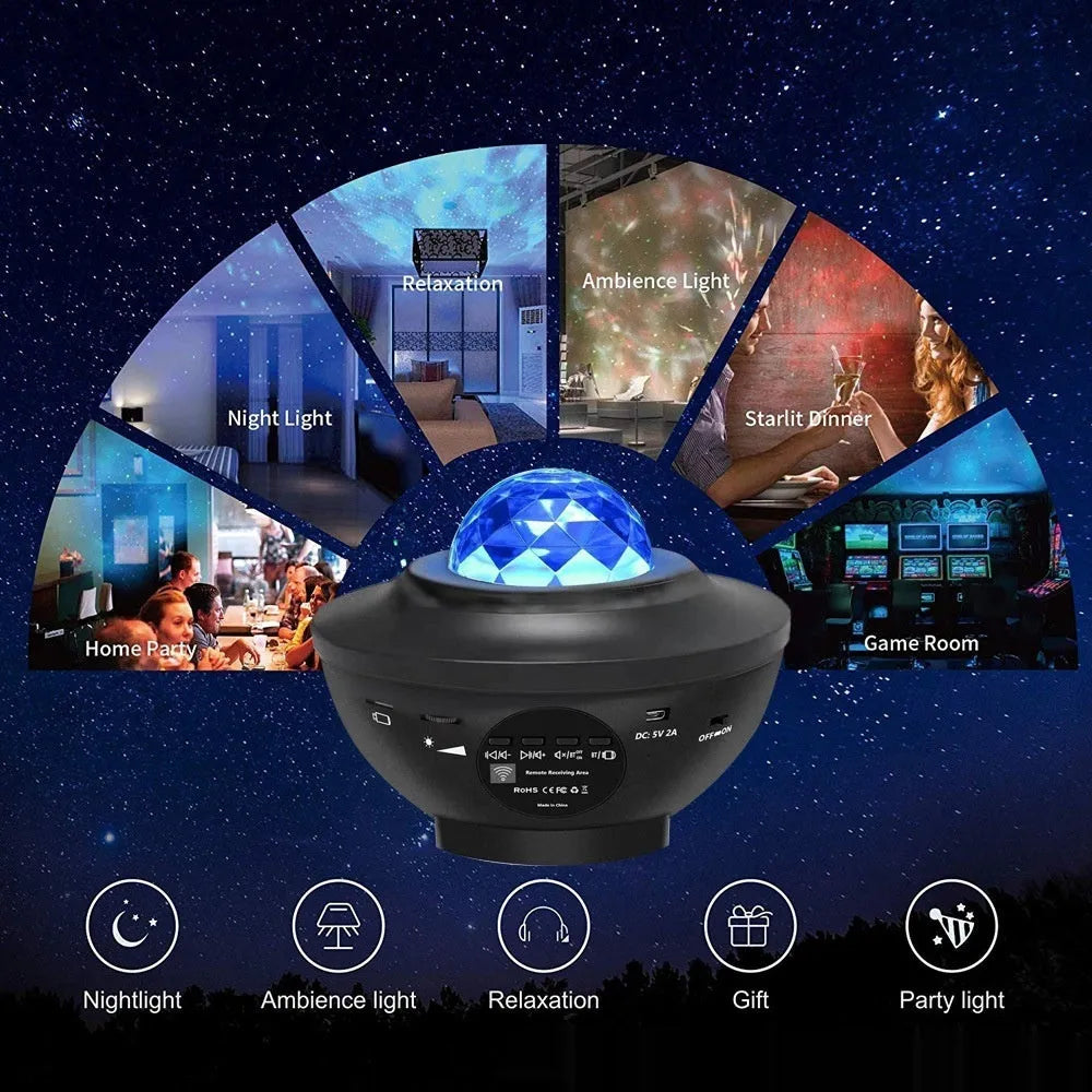 Black starry sky projection lamp with rotating water ripple laser effects on desktop