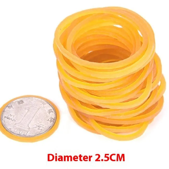500g pack of assorted large yellow rubber bands in sizes from 25mm to 70mm diameter.