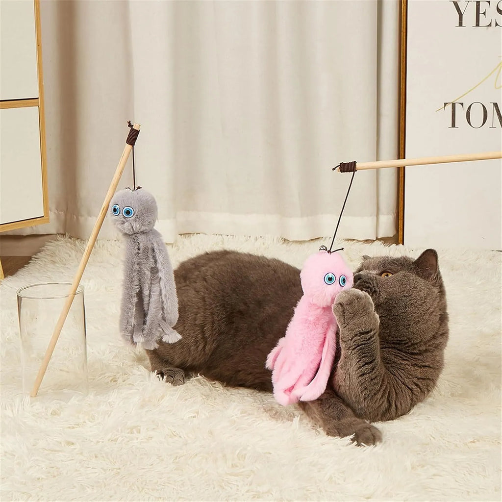 Furry octopus cat toy with eyes on 40cm long stick in pink colour for kitten play
