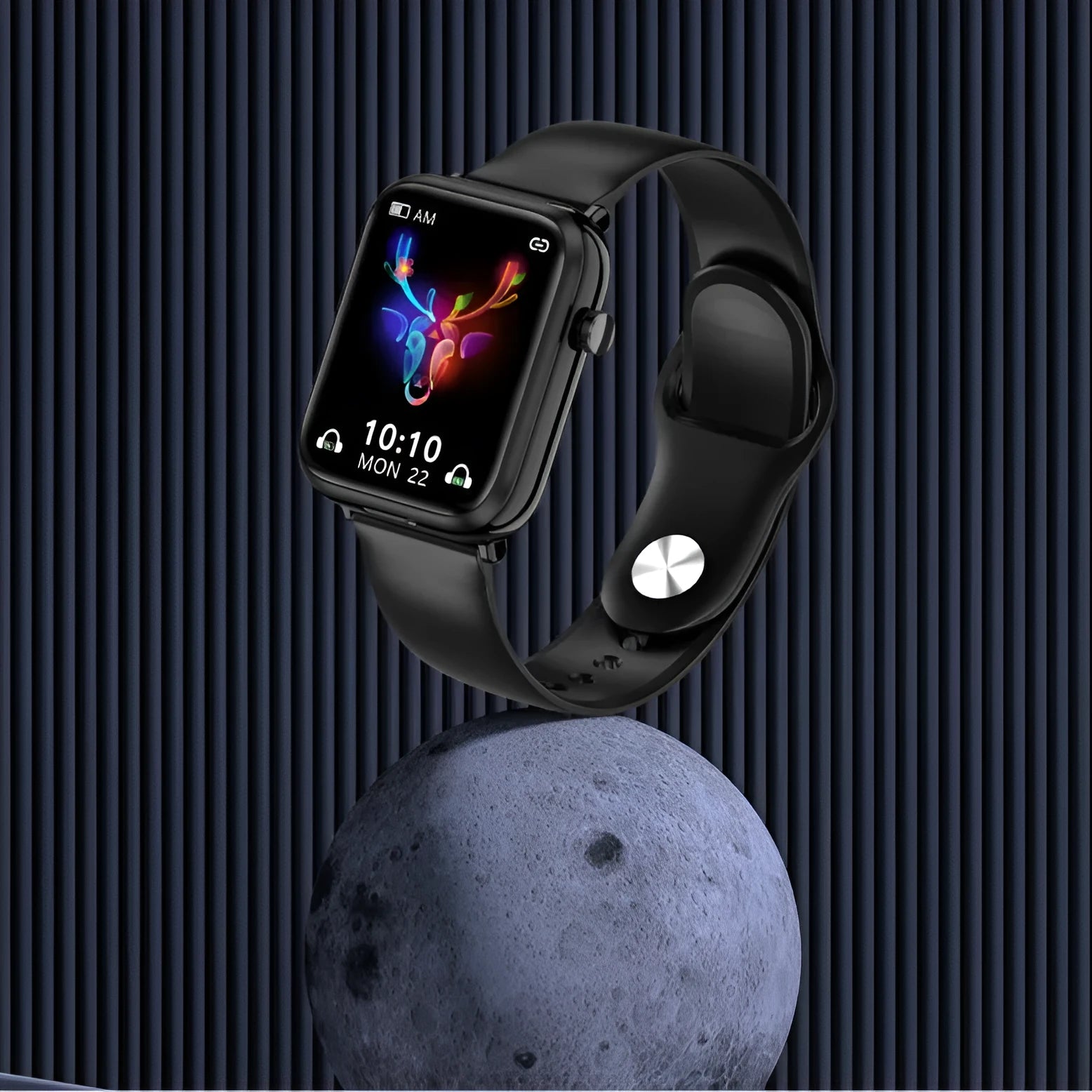 Black all-touch smart watch body with zinc alloy case, 1.69 inch screen, and integrated bluetooth headset features showing IP67 waterproof rating.