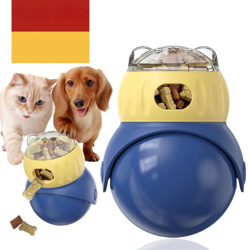 Yellow and blue owl-shaped cat food puzzle tumbler feeder with adjustable leakage mechanism