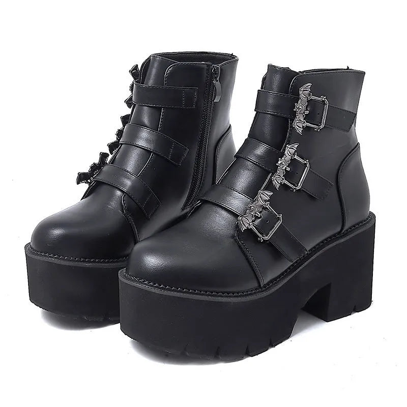 Black Gothic short boots with bat buckle, thick heel, and side zipper for Harajuku punk style