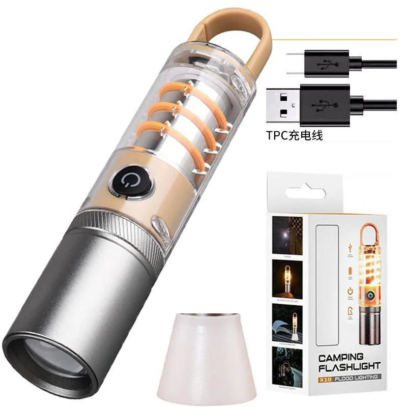Orange rechargeable LED flashlight with hook attachment showing dual light sources