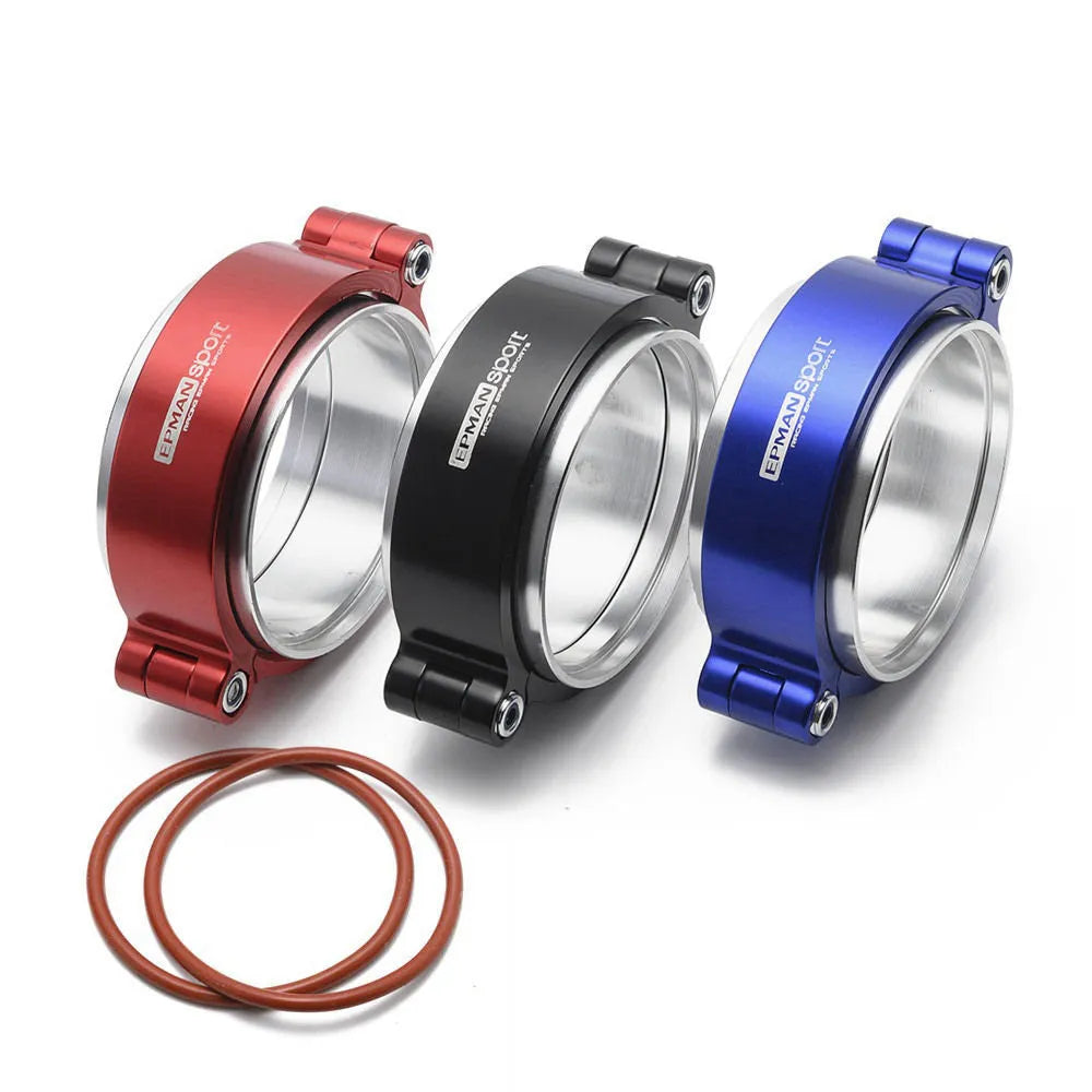 Aluminium turbocharger exhaust clamp in black, blue, or red for 2" to 4" downpipes