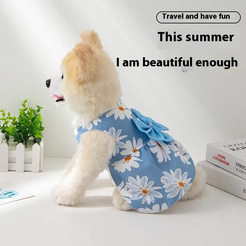 Ultra-thin floral butterfly knot princess dress for dog or cat on a hanger, showing bow colour options.