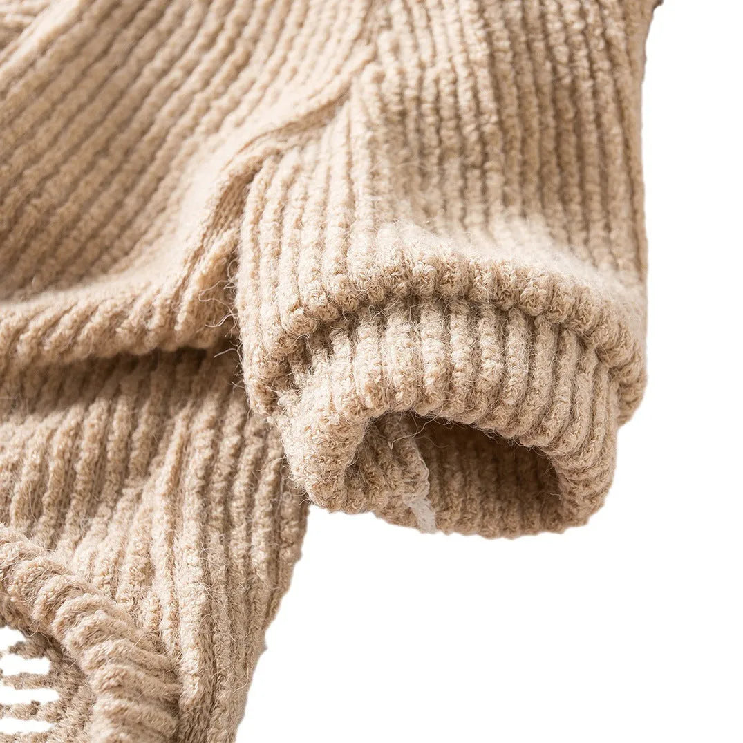 Brown cloth pullover sweater for small breed dog on model showing size fit