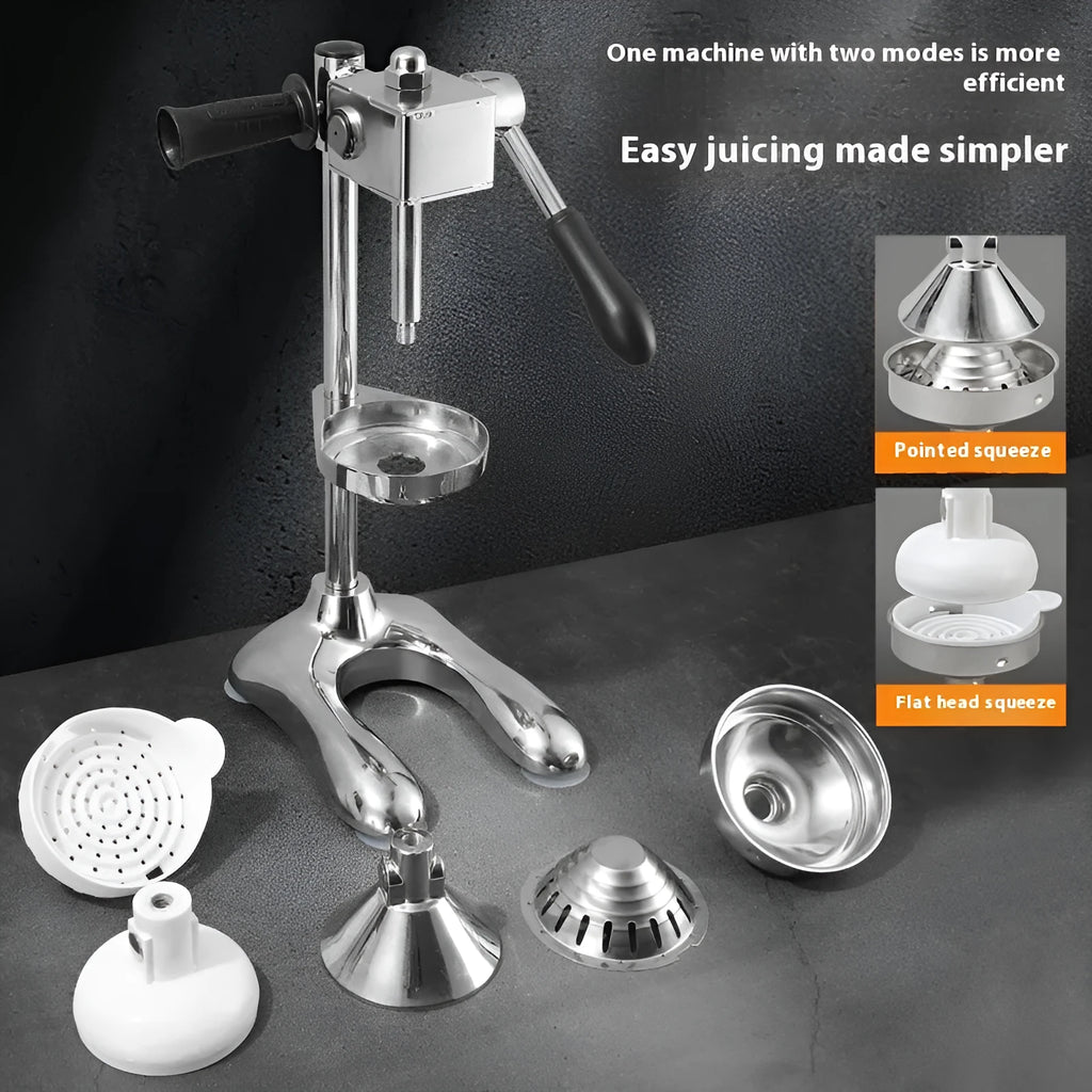 Stainless steel manual vertical citrus juicer on a countertop, showing optional colour finishes and head styles.