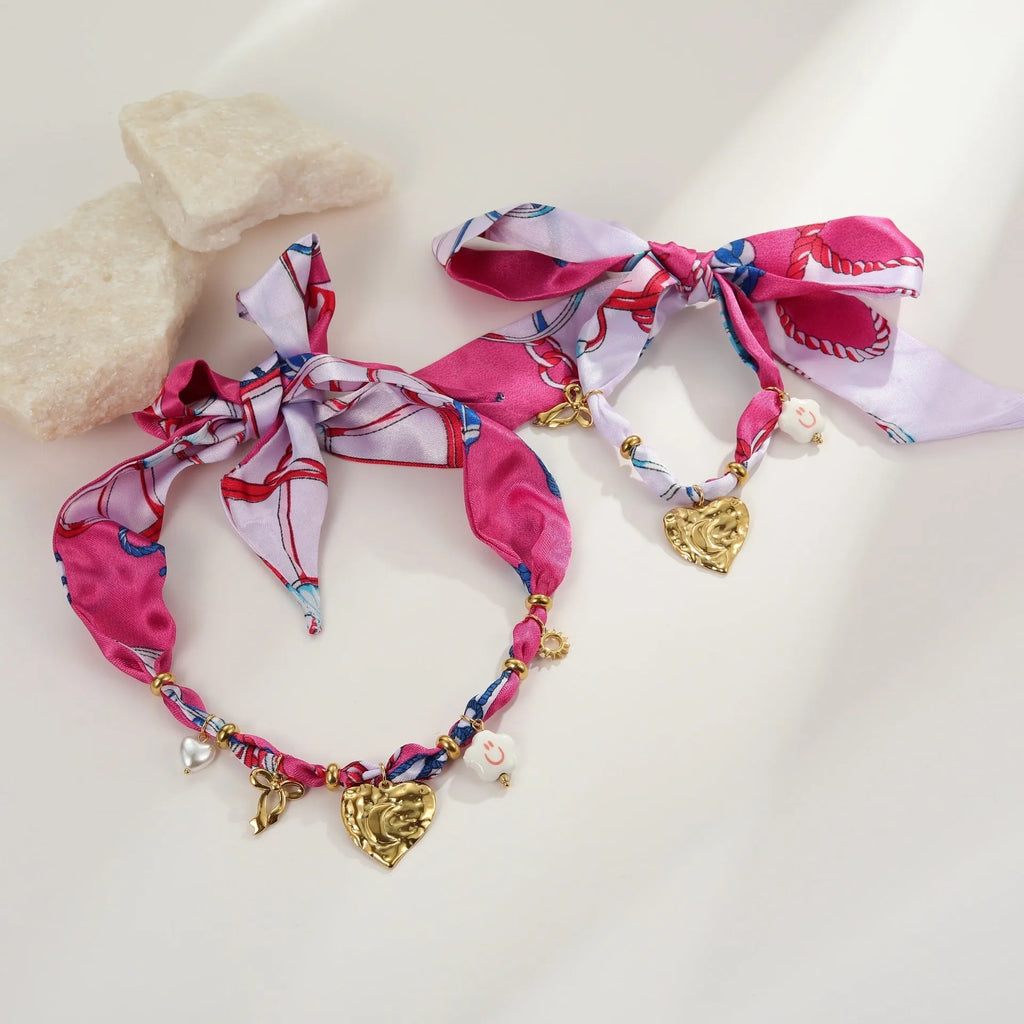 Geometric pendant necklace and bracelet set with colourful silk scarf pattern, stainless steel with 18K gold plating