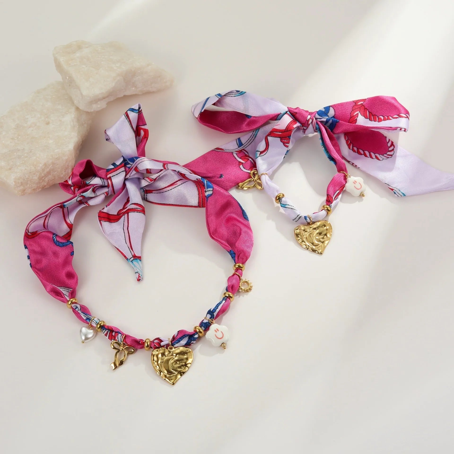 Geometric pendant necklace and bracelet set with colourful silk scarf pattern, stainless steel with 18K gold plating