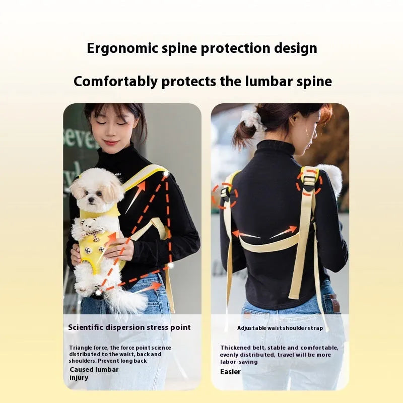 Soft canvas cat carrier bag with a yellow bear cartoon pattern and colourful stitching, shown in multiple size options.