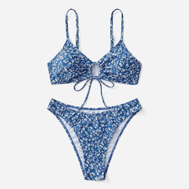 Blue polyester swimsuit three-piece set with top and shorts for swimming