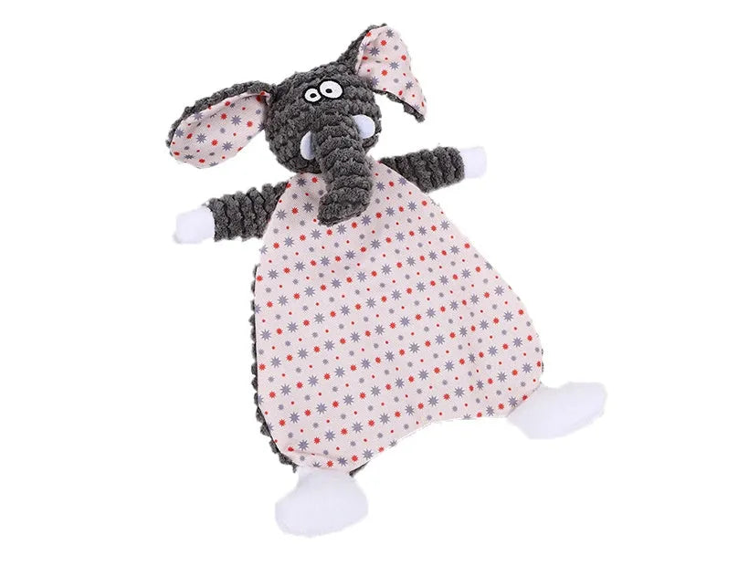 Pet stuffed toy showing fox, elephant, and dinosaur designs in brown, grey, and orange colours with soft velvet material