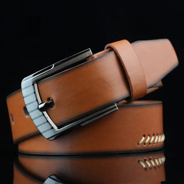 Men's casual pin buckle belt in imitation leather with retro pattern, 110cm length