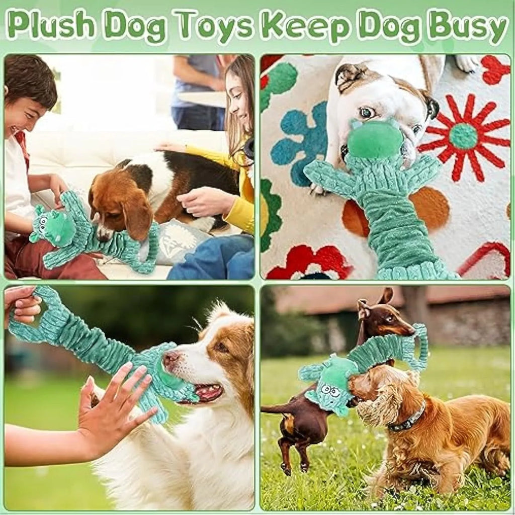 Large plush squeaky dog toy in hippo or monkey design with a handle for tug of war.
