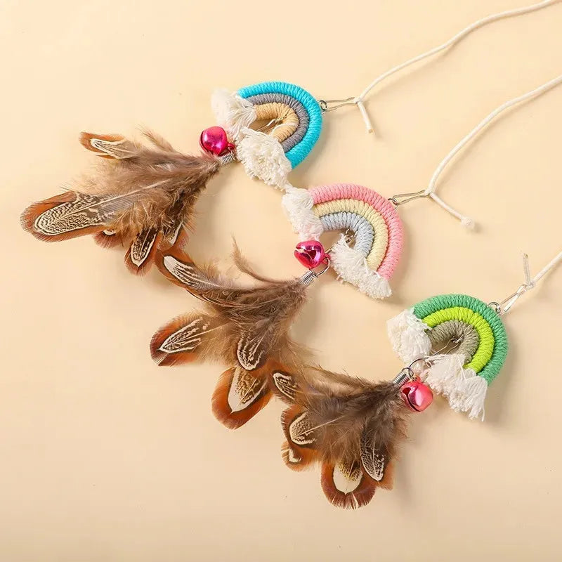 Blue feather cat rope door toy with elastic swing and sticky buckle clamp for feline entertainment