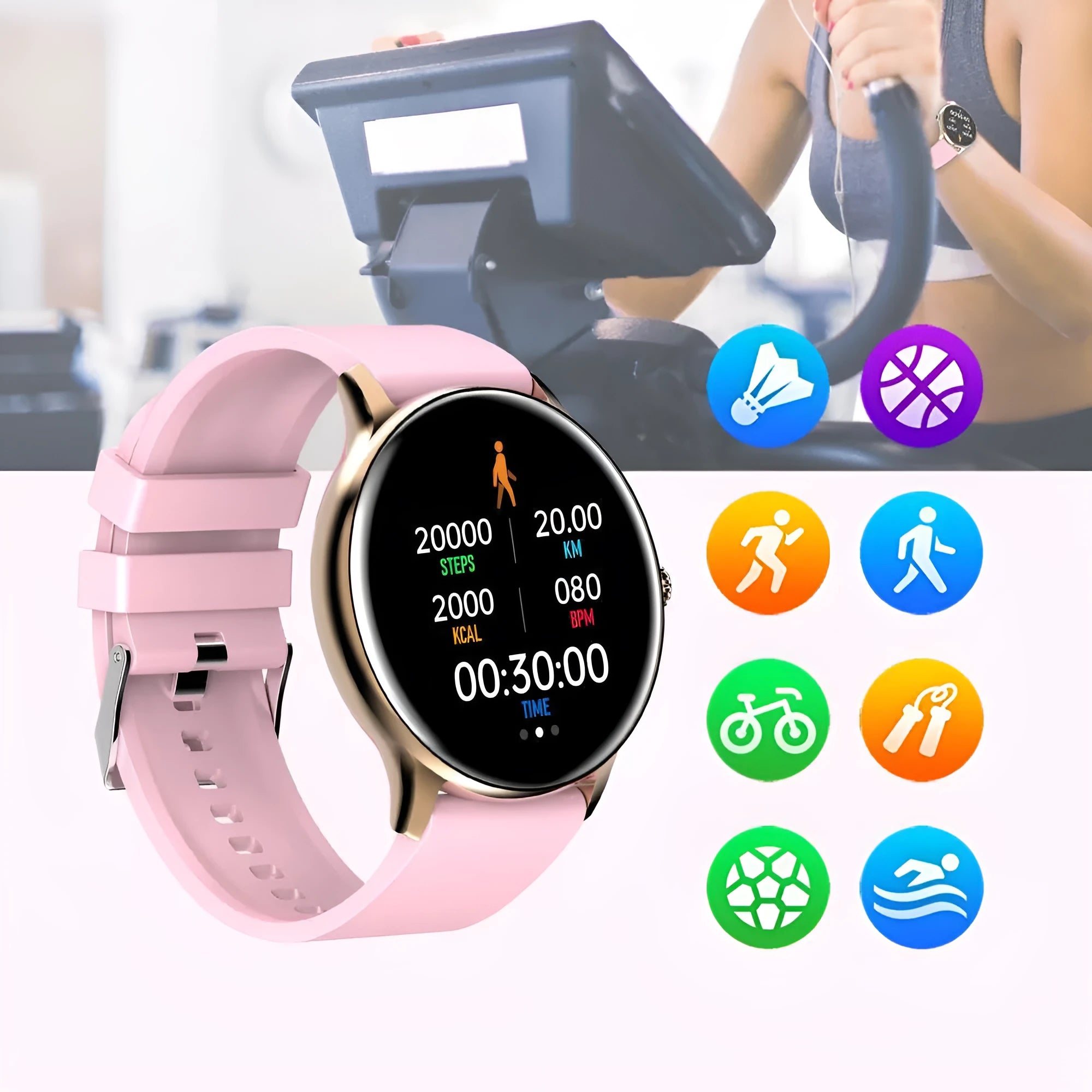Blood pressure monitoring smartwatch with circular touchscreen display and silicone wristband