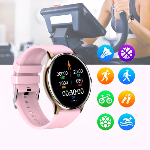Blood pressure monitoring smartwatch with circular touchscreen display and silicone wristband