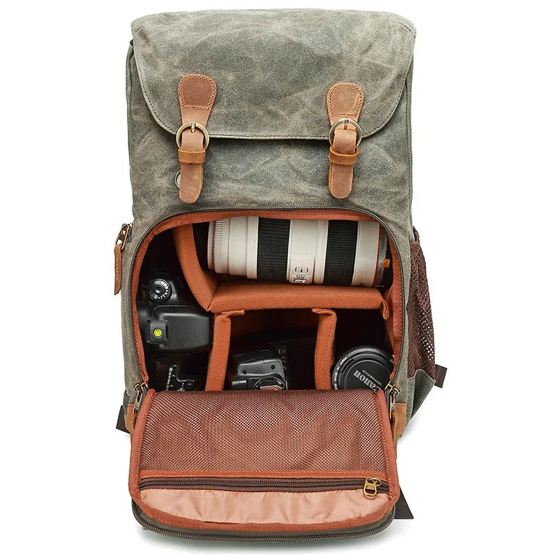 Canvas DSLR camera backpack in khaki colour with backpack straps and camera compartment