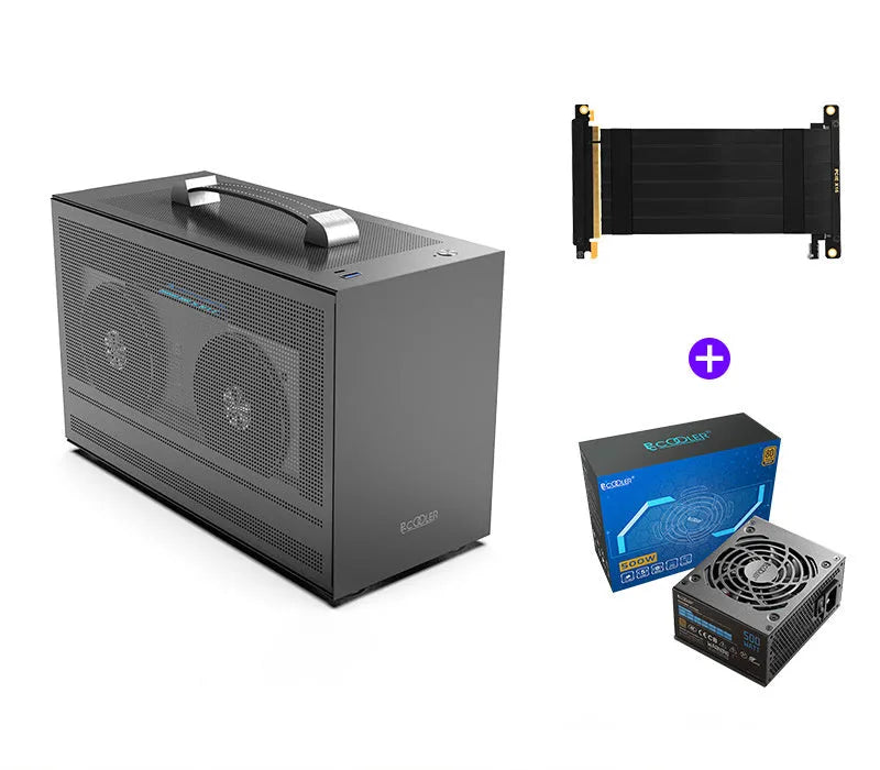 Three Hummingbird PRO portable ITX desktop chassis in titanium gray or white with tinned steel construction