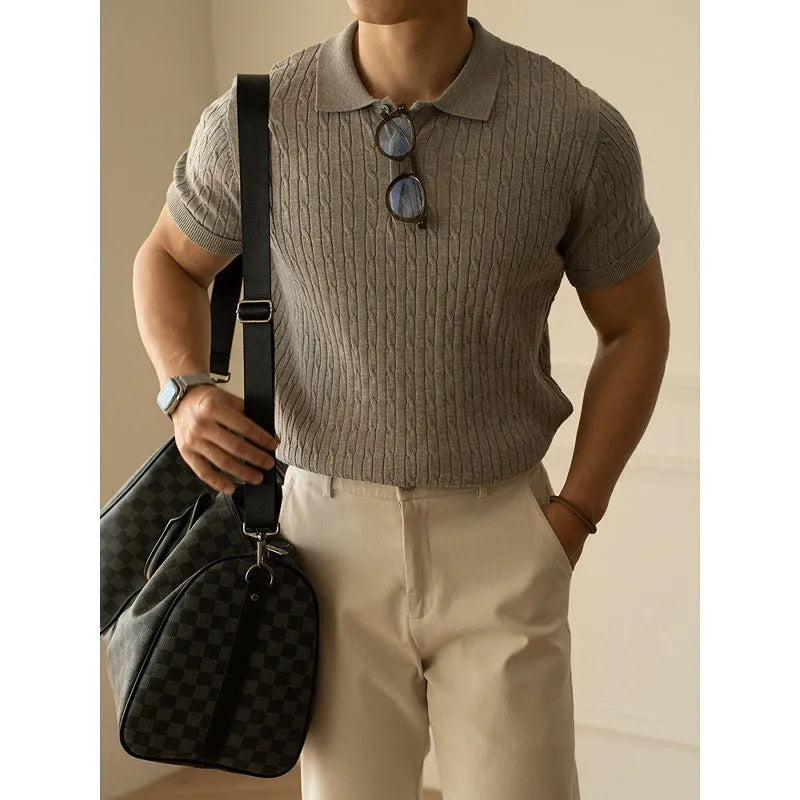 Men's khaki short sleeve casual top for business wear on a grey background