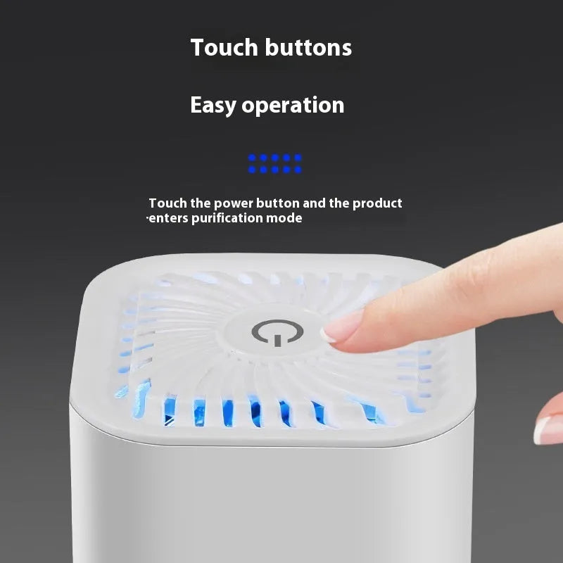 Mini USB air purifier in white or black for cars and small rooms under 10 square metres.