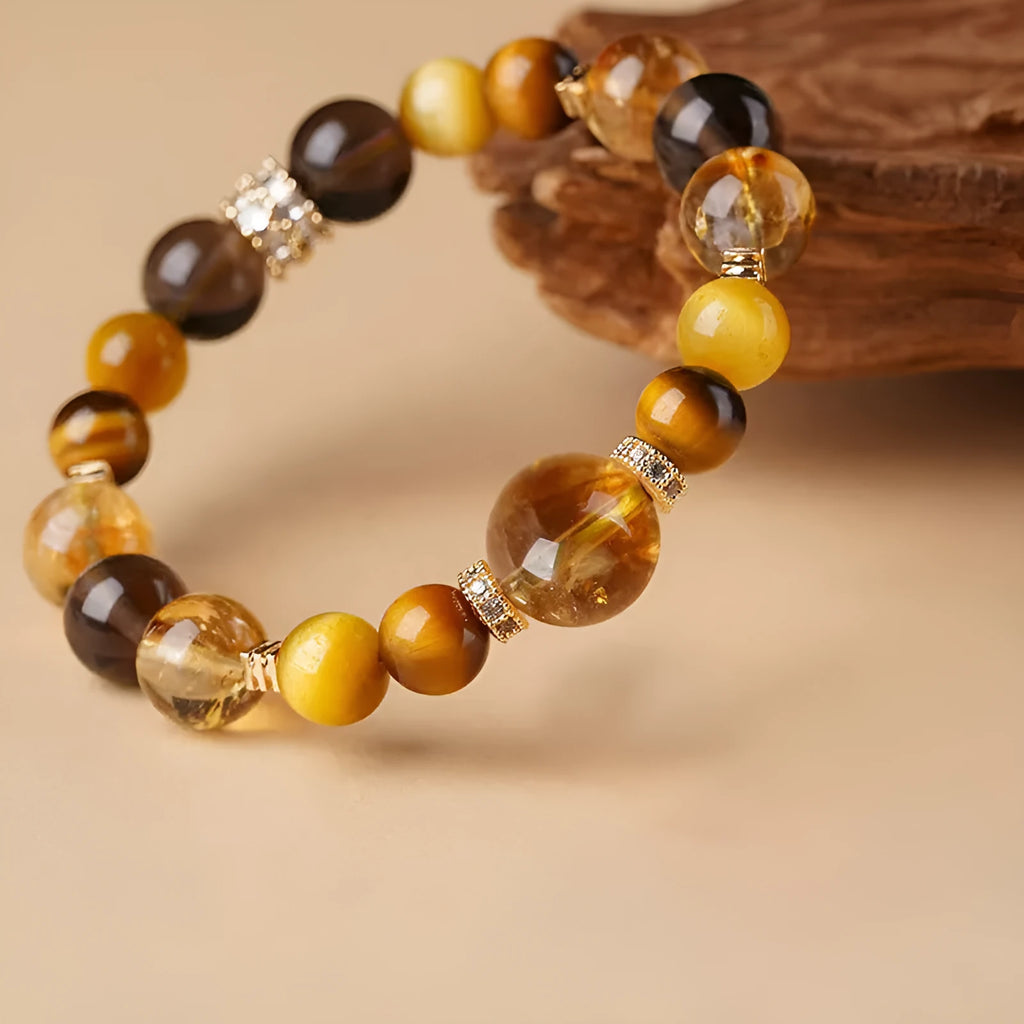 Natural tiger-eye crystal bracelet with yellow tower geometric beads in 10mm or 12mm sizes