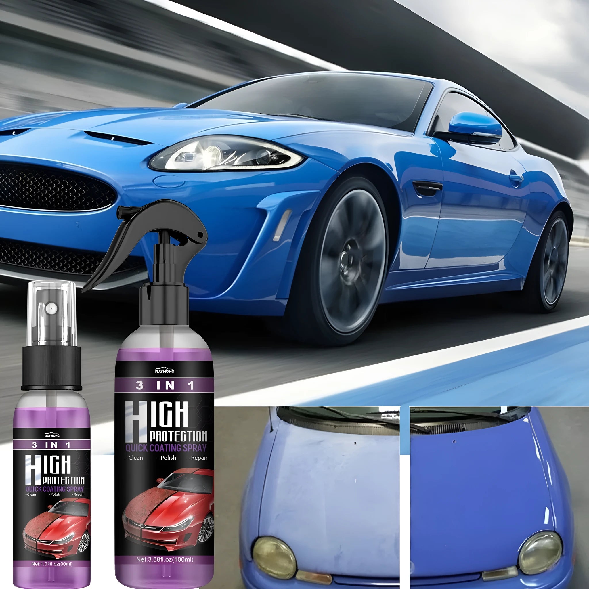 3 In 1 High Protection Fast Car Paint Spray Coating Agent in a PE bottle, 30ml and 100ml sizes
