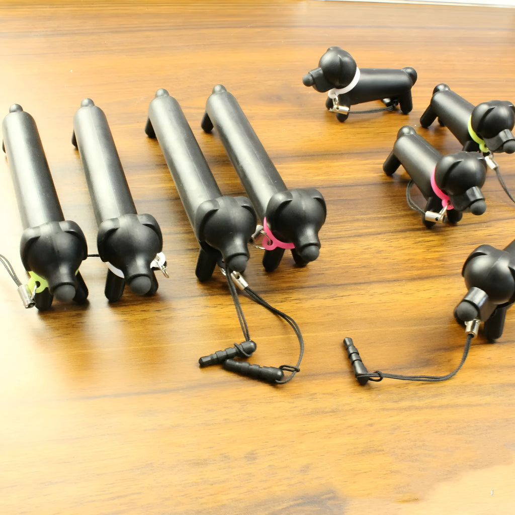 Black dog-shaped touch screen stylus with conductive tip and adjustable length design