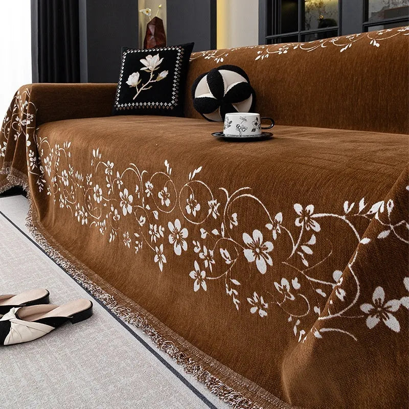Embroidered magnolia chenille sofa cover in Garland black, simple style, 180X130cm size