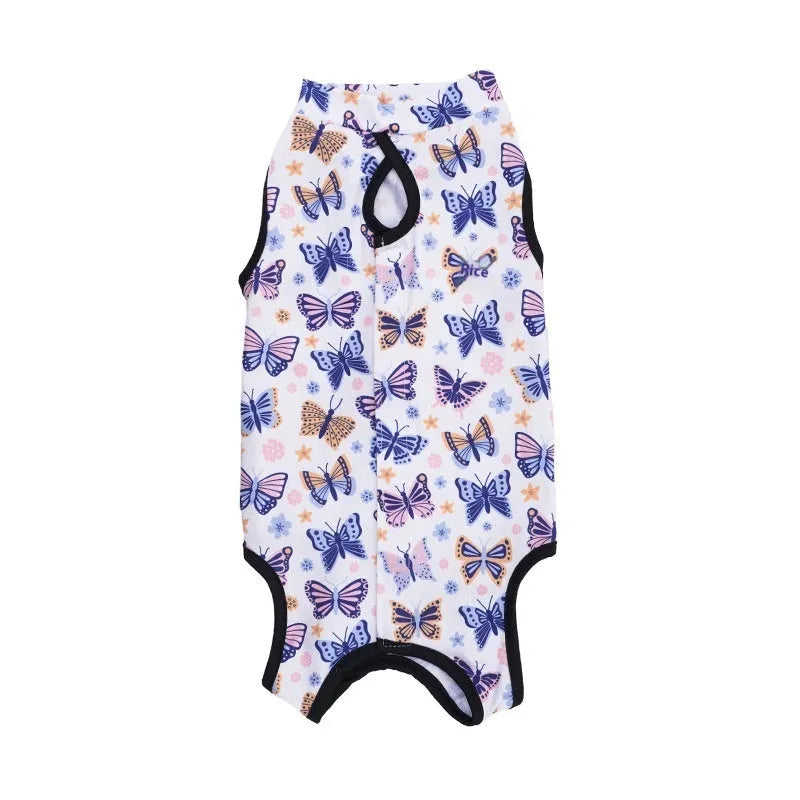 Colourful cat sterilisation recovery suit with Velcro fastening, a post-operative protective bodysuit.