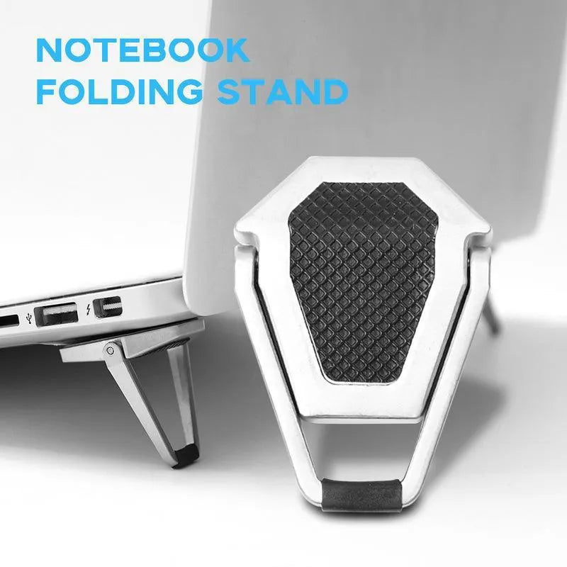 Compact folding aluminium laptop stand bracket in silver with adhesive strips