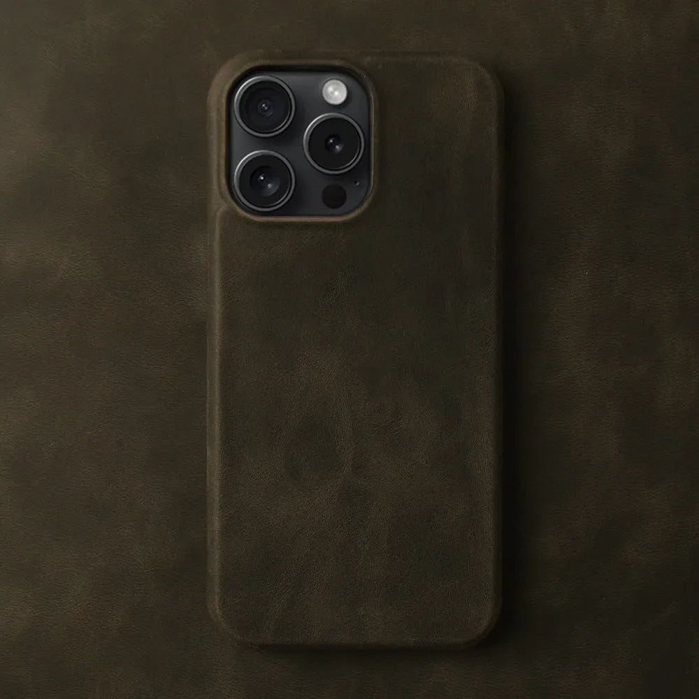 Genuine leather Crazy Horse pattern phone case for iPhone showing textured brown finish and precise camera cutout