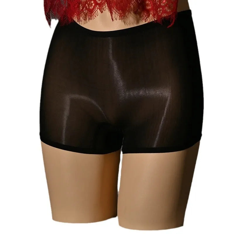 Shiny men's seamless underwear stockings in mid waist design showing red, black, and natural skin tone colour options