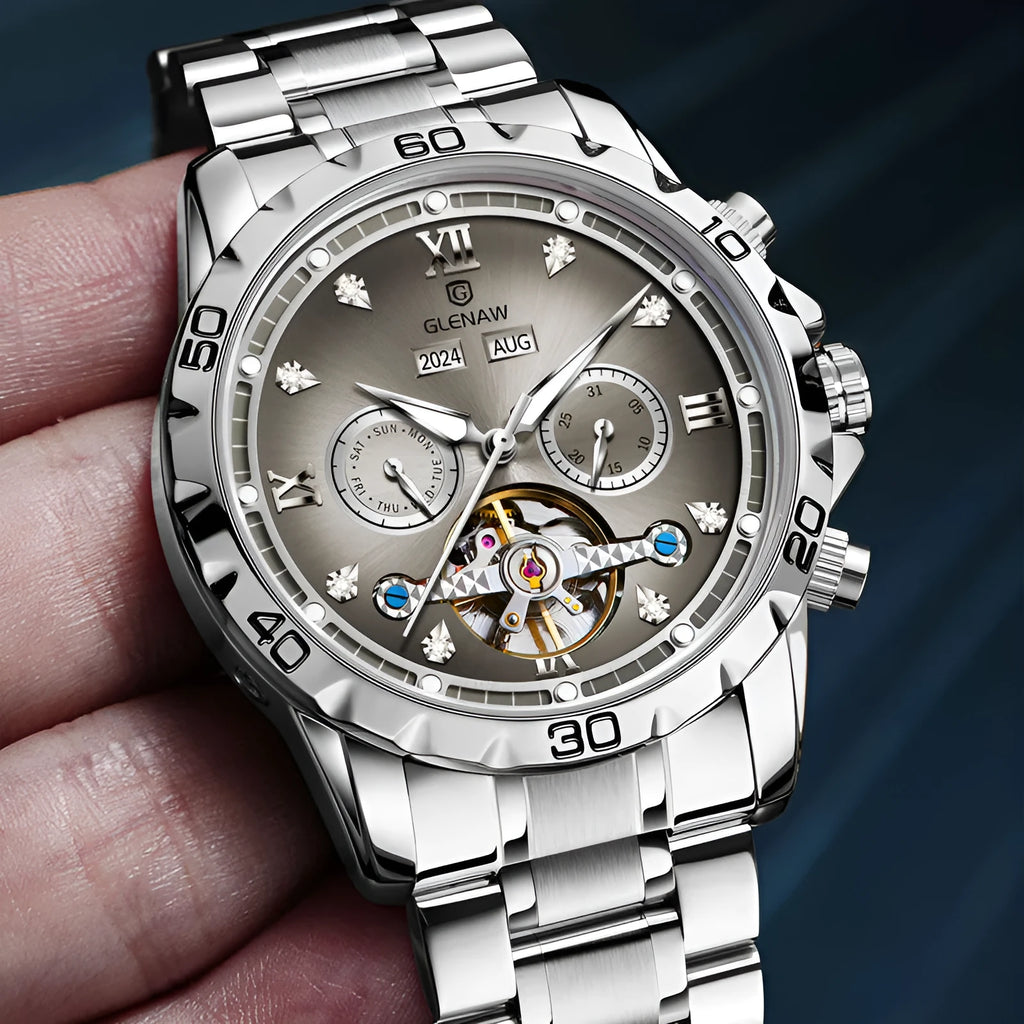 Men's automatic mechanical watch with stainless steel band and mineral glass crystal in silver case blue surface